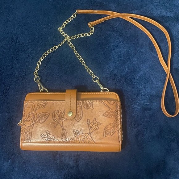 Handbags - Vegan Leather Cognac Crossbody Bag with Gold Chain